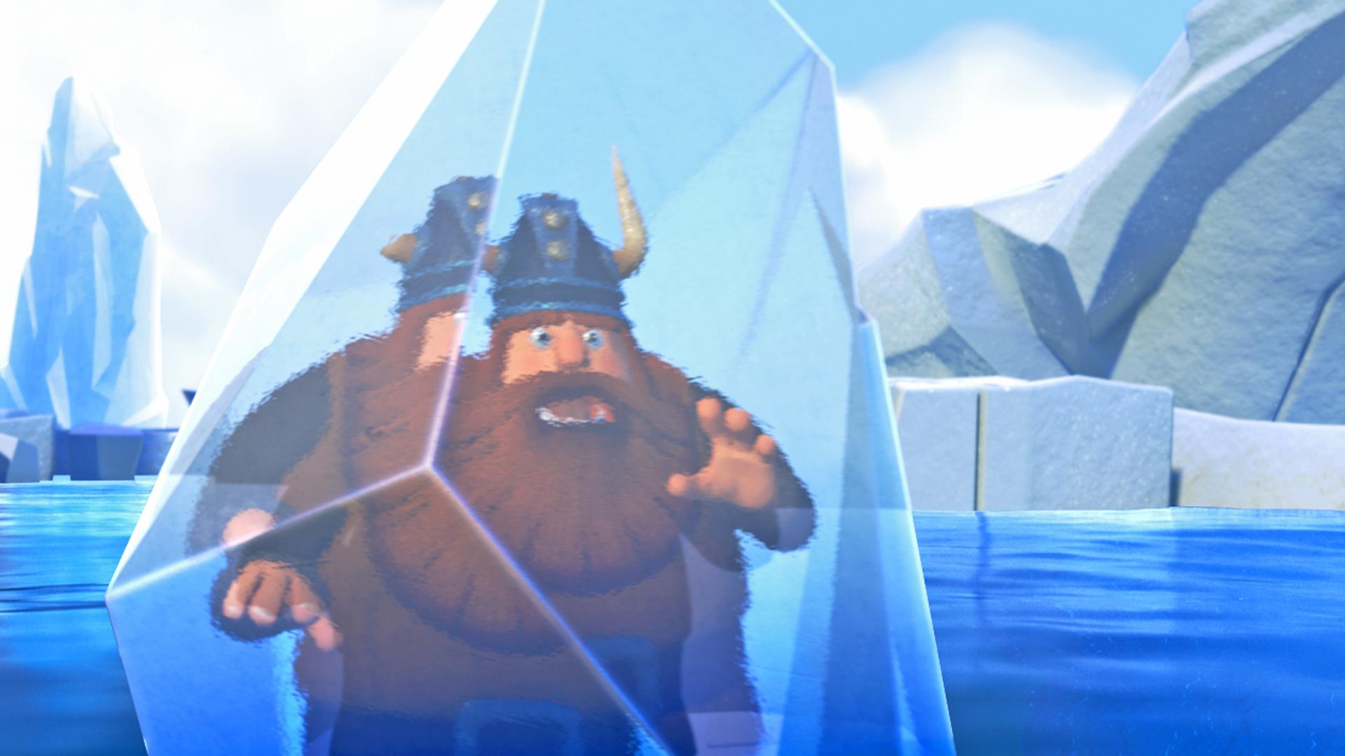 Wikinger Olaf steckt in einem riesigen Eisblock.