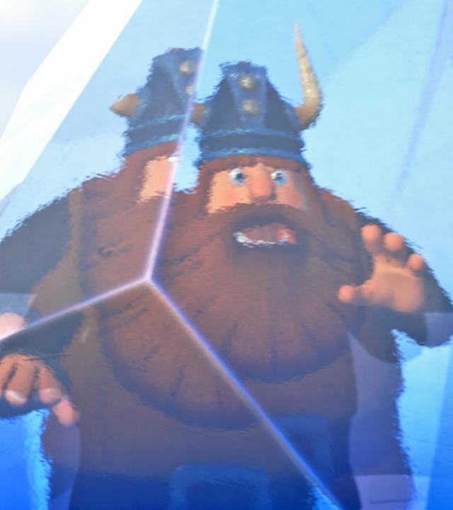 Wikinger Olaf steckt in einem riesigen Eisblock.