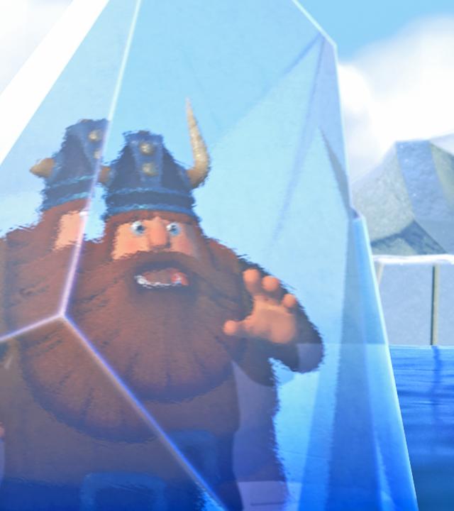 Wikinger Olaf steckt in einem riesigen Eisblock.