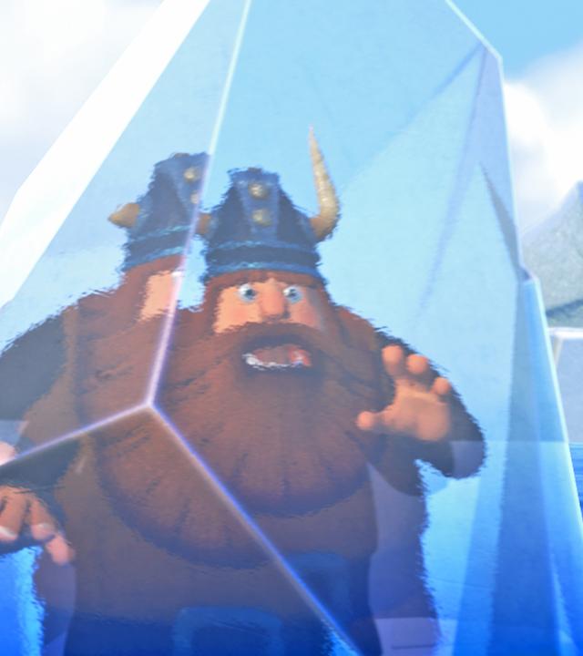 Wikinger Olaf steckt in einem riesigen Eisblock.