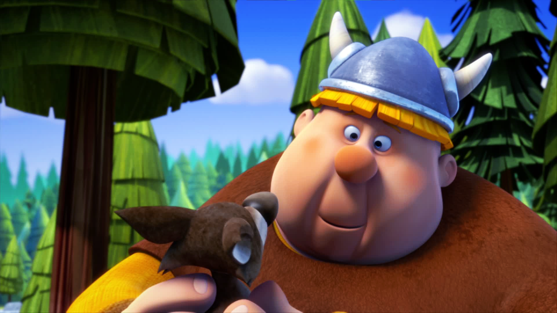 Faxe sieht das Wolfsjunge an, das er gefunden hat.