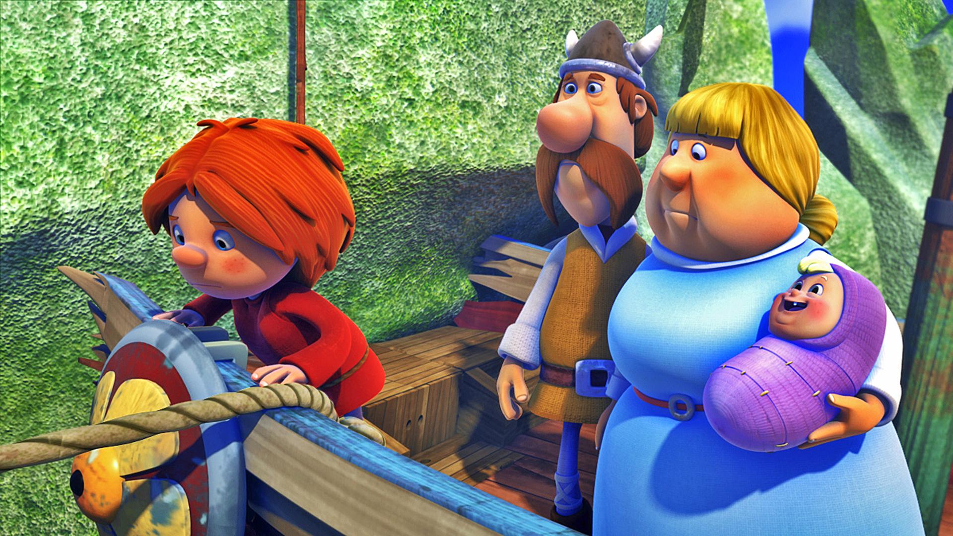 Godrick, Astrid und Baby Tjure stehen auf ihrem Schiff, das einen Felsen gerammt hat. Links vor ihnen steht Gilby und sieht ängstlich über Bord.