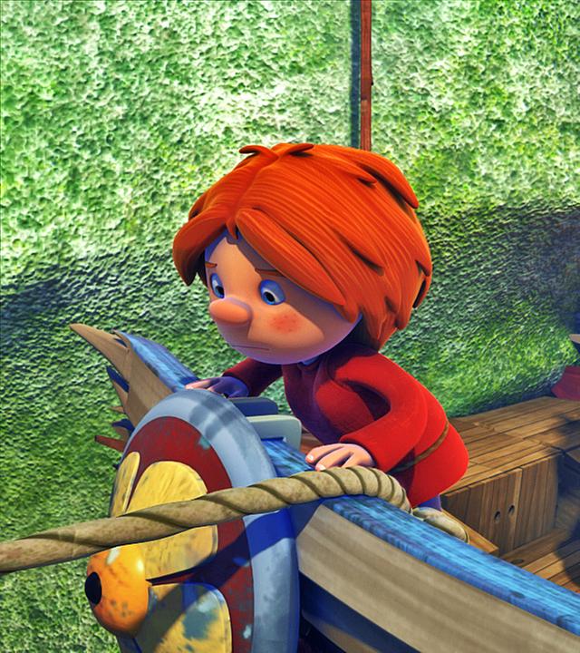 Godrick, Astrid und Baby Tjure stehen auf ihrem Schiff, das einen Felsen gerammt hat. Links vor ihnen steht Gilby und sieht ängstlich über Bord.