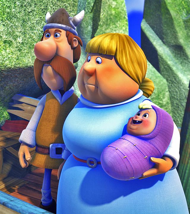 Godrick, Astrid und Baby Tjure stehen auf ihrem Schiff, das einen Felsen gerammt hat. Links vor ihnen steht Gilby und sieht ängstlich über Bord.