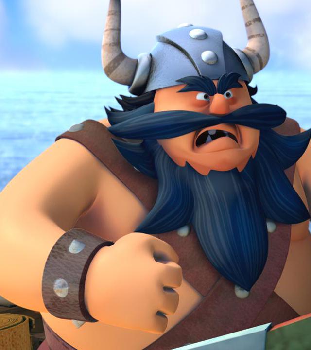 Der schreckliche Sven steht wütend neben einem seiner Männer auf seinem Boot.