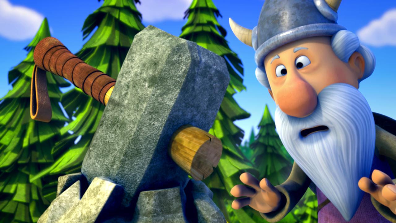 Urobe betrachtet Thors Hammer, der in einem Felsen feststeckt.