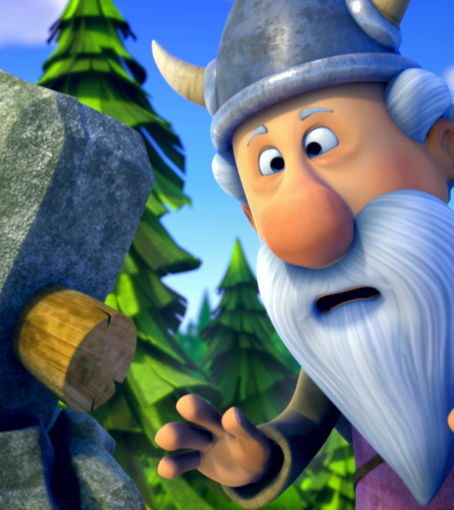 Urobe betrachtet mit großen Augen Thors Hammer, der in einem Felsen feststeckt.