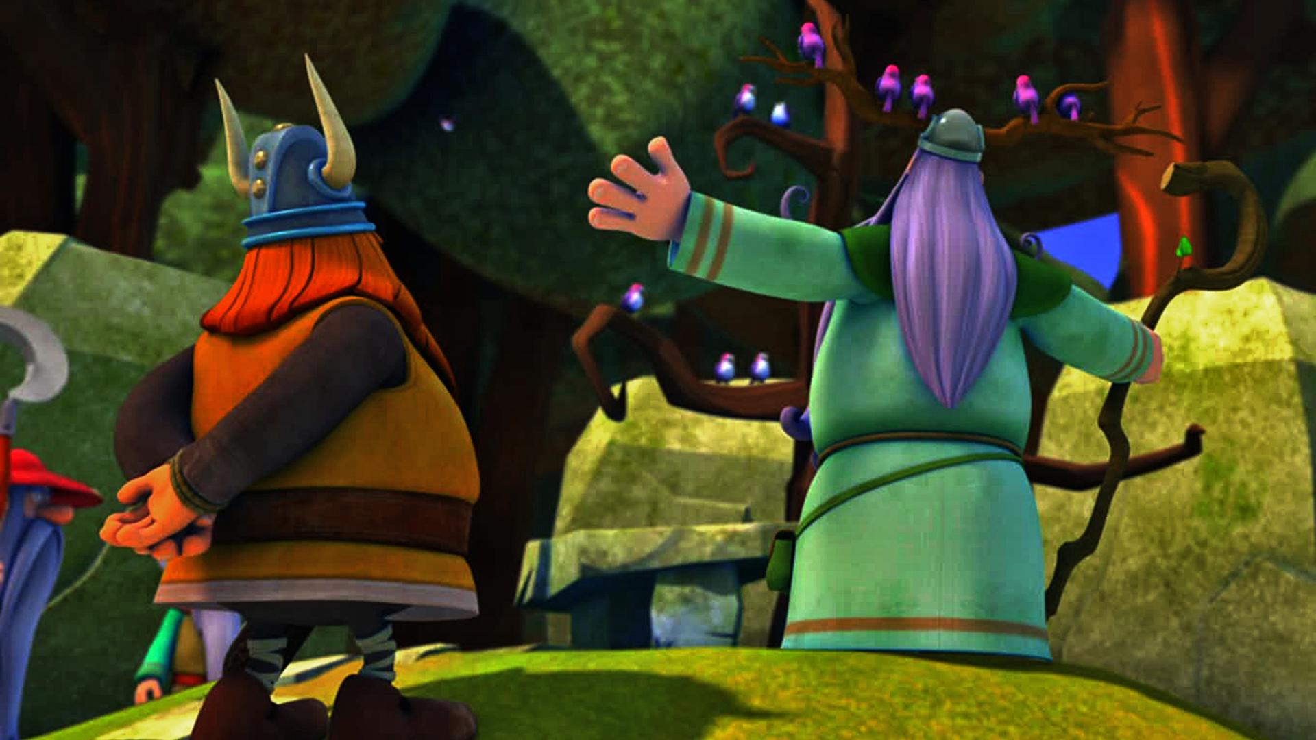 Ein Druide steht vor der heiligen Eiche. Hinter ihm stehen Halvar und Faxe.