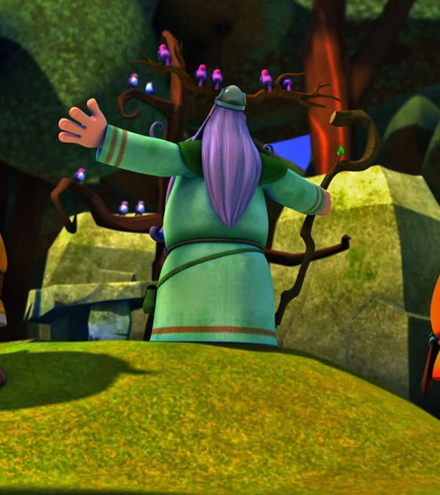 Ein Druide steht vor der heiligen Eiche. Hinter ihm stehen Halvar und Faxe.