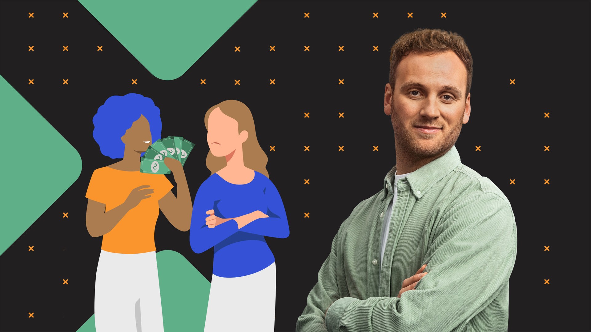 Leon Windscheid steht vor einer Grafik mit zwei Frauen – die eine zählt ihre Dollars, die andere schaut traurig und mit verschränkten Armen zu ihr hinüber: Ist es Neid?