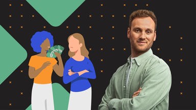 Leon Windscheid steht vor einer Grafik mit zwei Frauen – die eine zählt ihre Dollars, die andere schaut traurig und mit verschränkten Armen zu ihr hinüber: Ist es Neid?