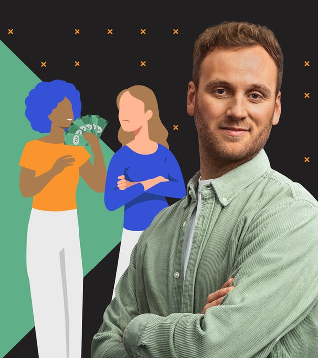 Leon Windscheid steht vor einer Grafik mit zwei Frauen – die eine zählt ihre Dollars, die andere schaut traurig und mit verschränkten Armen zu ihr hinüber: Ist es Neid?