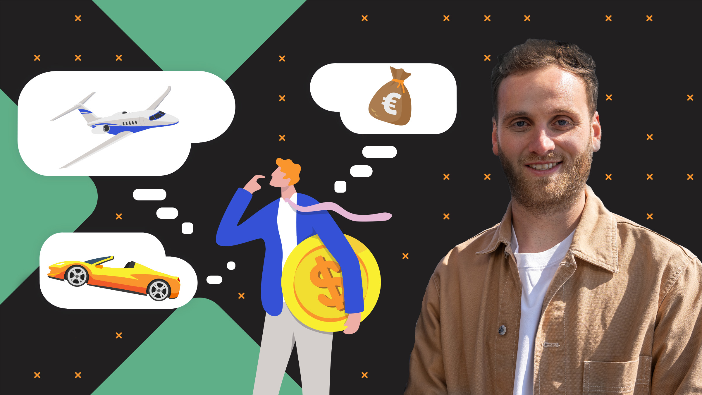 Leon Windscheid steht vor einer Grafik: Ein Mann mit Krawatte und einer riesigen Dollarmünze unter dem Arm, der von einem Sportwagen, einem Privatjet und einem Geldsack träumt.