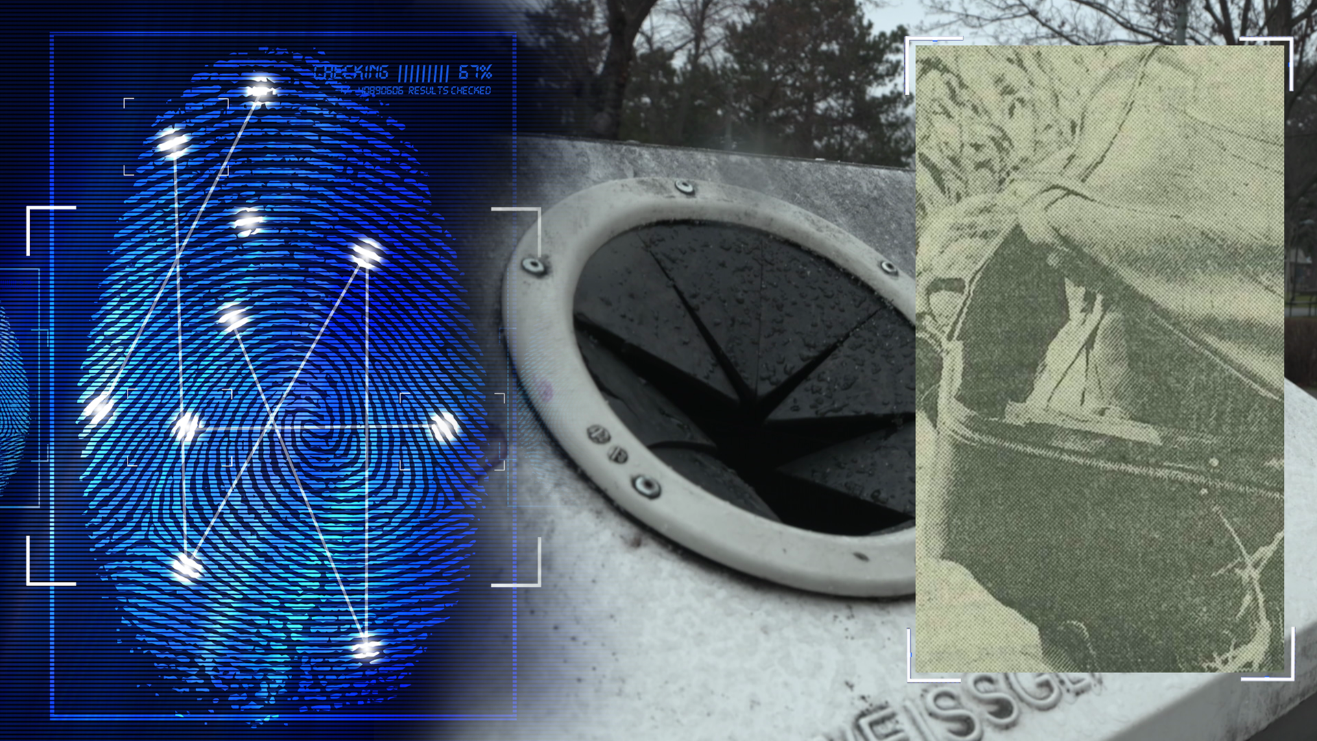 Zeitungsausschnitt zeigt Leichenfundort - ein Koffer, der aus der Donau gefischt wurde. Im Hintergrund: Einwurfschacht eines Altglascontainers. Links daneben: Lichtschematische Darstellung eines Fingerabdrucks.