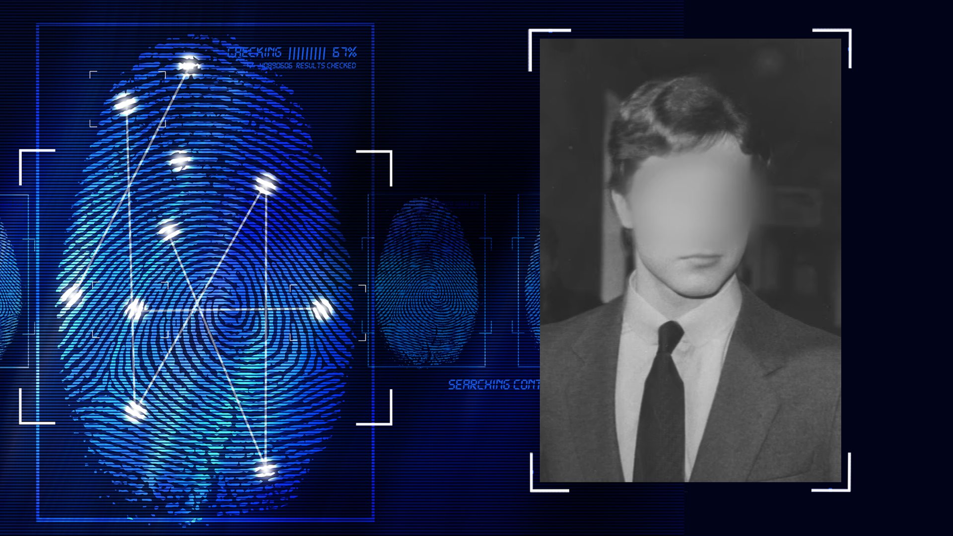 Schwarzweiß-Portrait-Foto eines jungen Mannes. Er grinst. Das Gesicht wurde technisch verfremdet. Links daneben: Lichtschematische Darstellung eines Fingerabdrucks.