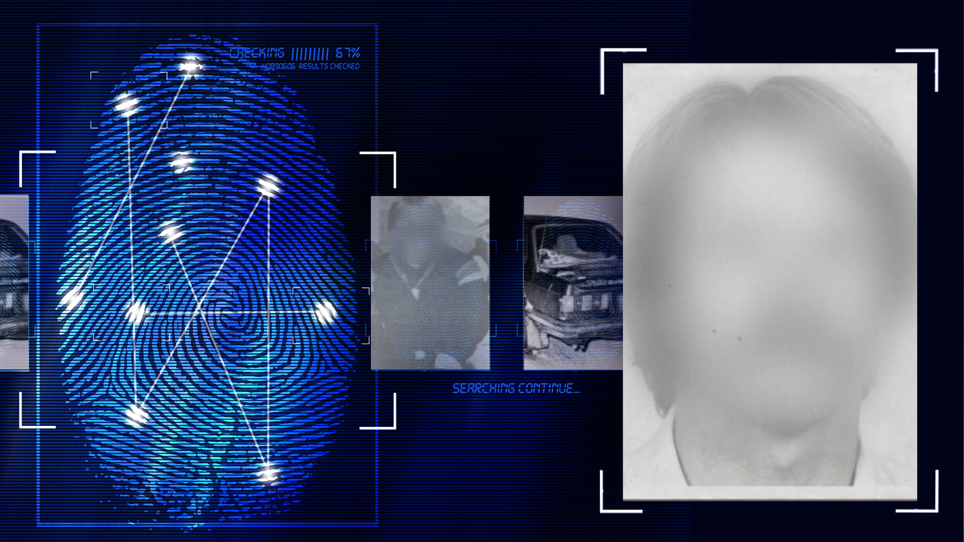 Schwarzweiß-Portraitfoto eines Mannes mittleren Alters mit Schnurrbart. Das Gesicht wurde im Bild technisch verfremdet. Links daneben: Lichtschematische Darstellung eines Fingerabdrucks.