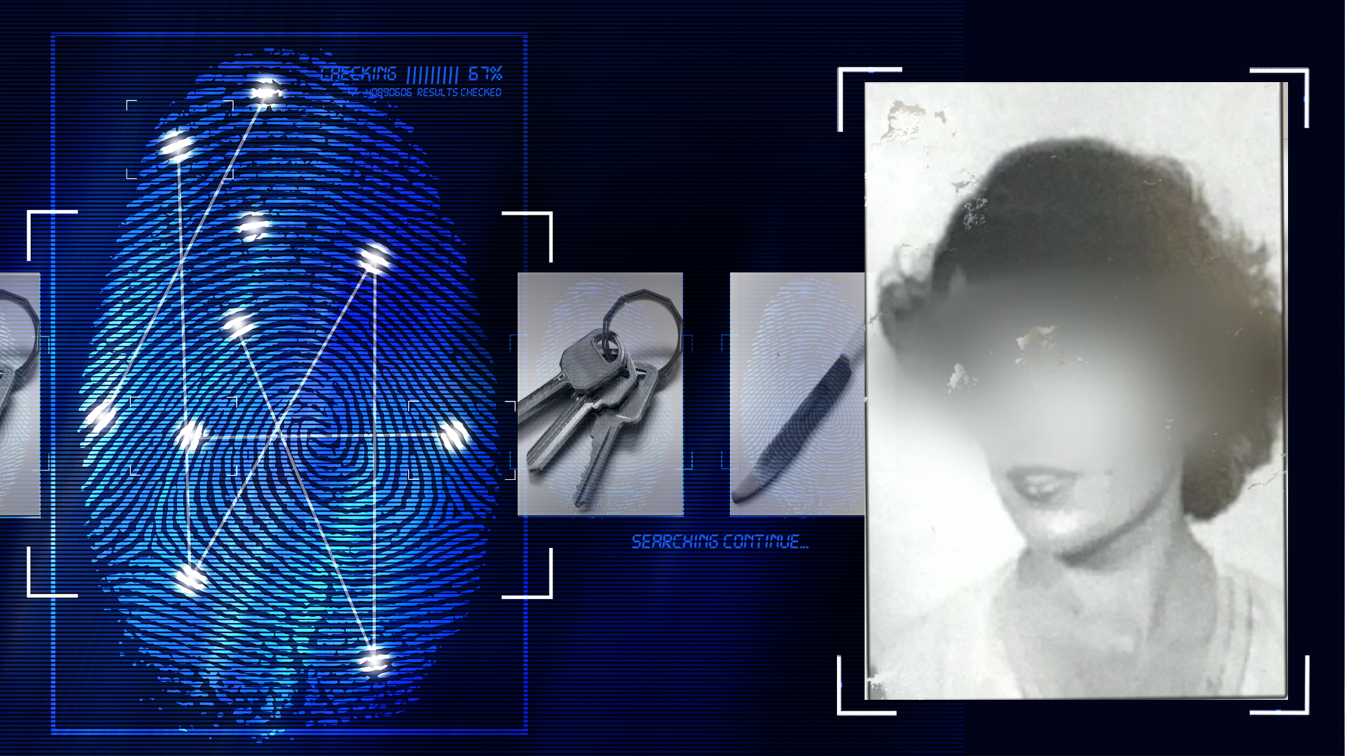 Schwarzweißportraitfoto einer jungen Frau mit gelockten schwarzen kurzen Haaren. Der Bildhintergrund ist weiß, sie trägt ein helles Oberteil. Links daneben: Lichtschematische Darstellung eines Fingerabdrucks.