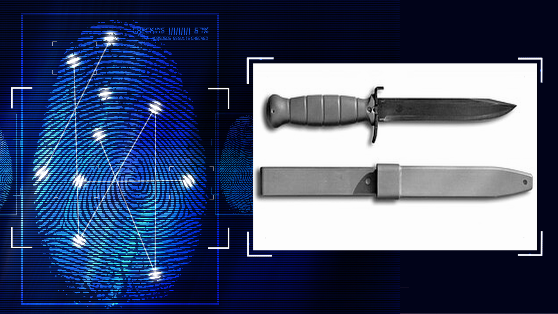 Ein Messer und ein Messerhalfter. Links daneben: Lichtschematische Darstellung eines Fingerabdrucks.