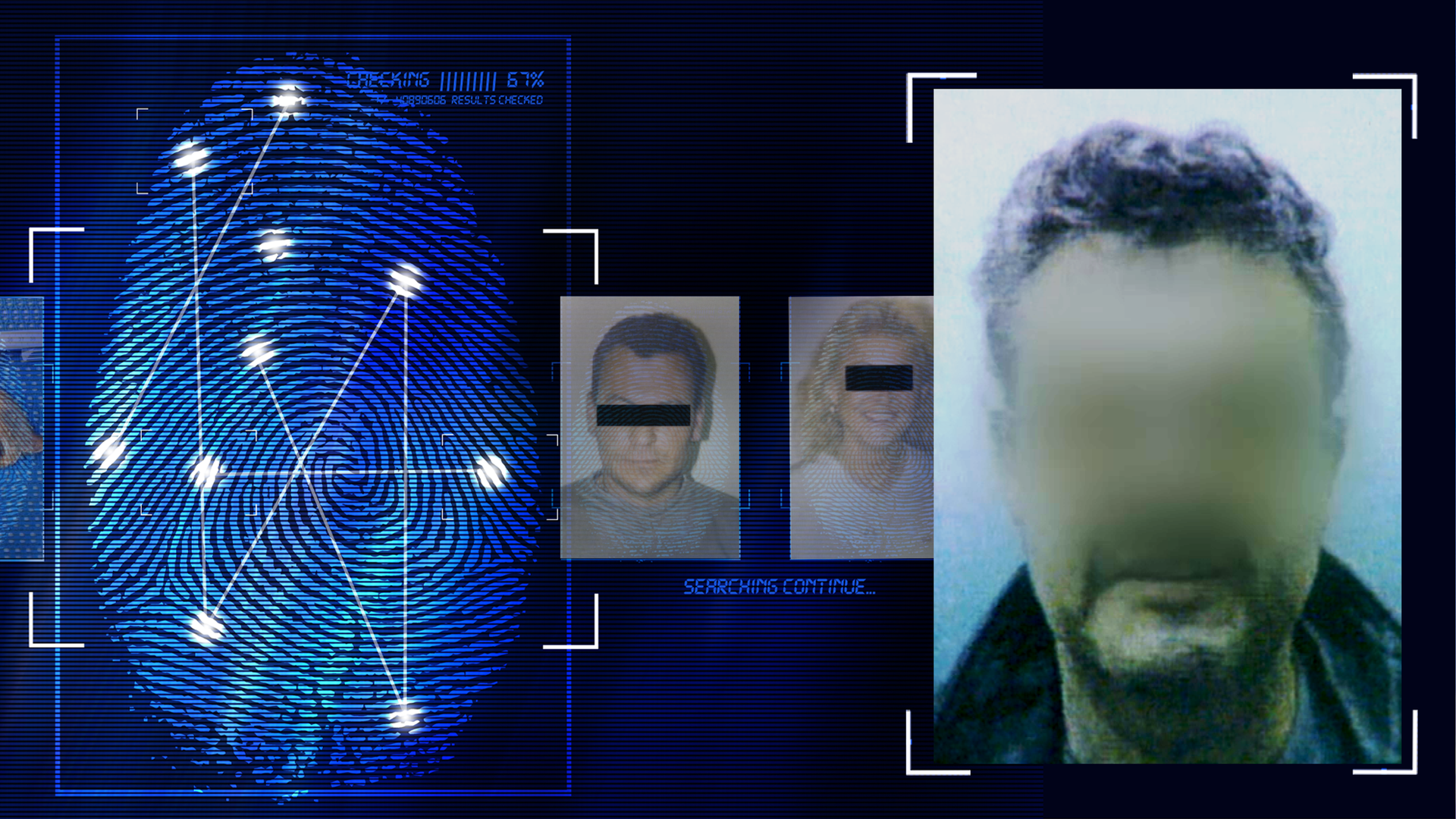 Portraitfoto eines Mannes, ca. 45 Jahre alt, Schnurrbart. Krauses schwarzes Haar, das Gesicht wurde im Bild technisch verfremdet. Links daneben: Lichtschematische Darstellung eines Fingerabdrucks.
