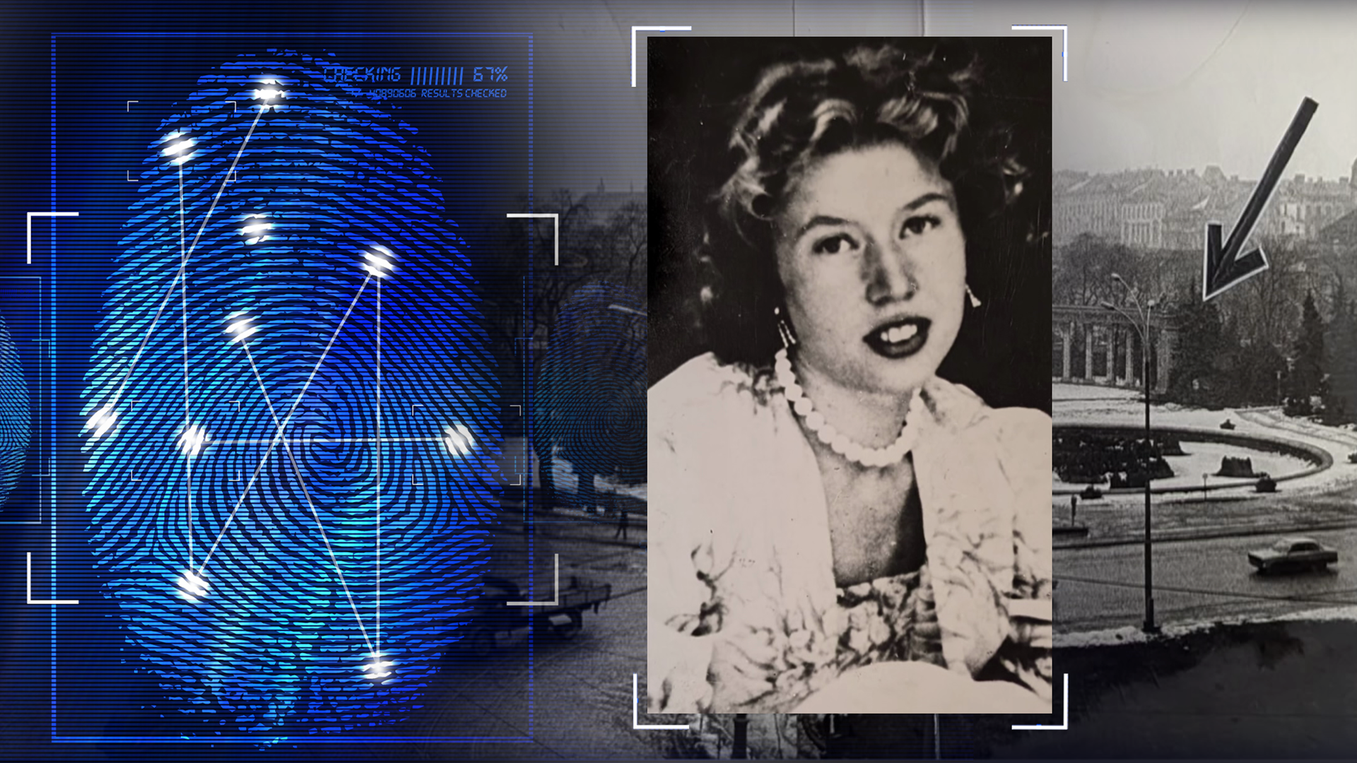 Portraitfoto des Opfers. Im Hintergrund schwarzweiss-Foto des Russendenkmals ins Berlin. Ein Pfeil markiert den Fundort einer Leiche. Bild aus Polizeiakte. Links daneben: Lichtschematische Darstellung eines Fingerabdrucks.