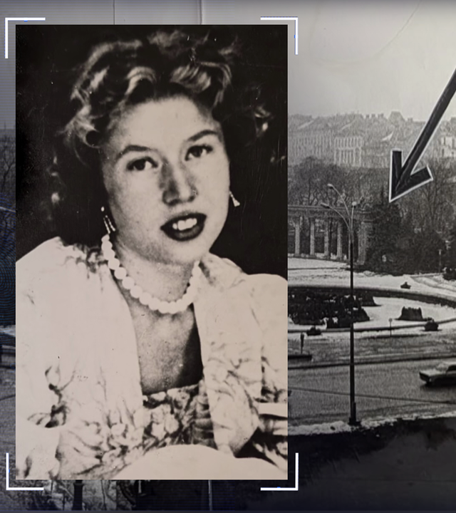 Portraitfoto des Opfers. Im Hintergrund schwarzweiss-Foto des Russendenkmals ins Berlin. Ein Pfeil markiert den Fundort einer Leiche. Bild aus Polizeiakte. Links daneben: Lichtschematische Darstellung eines Fingerabdrucks.