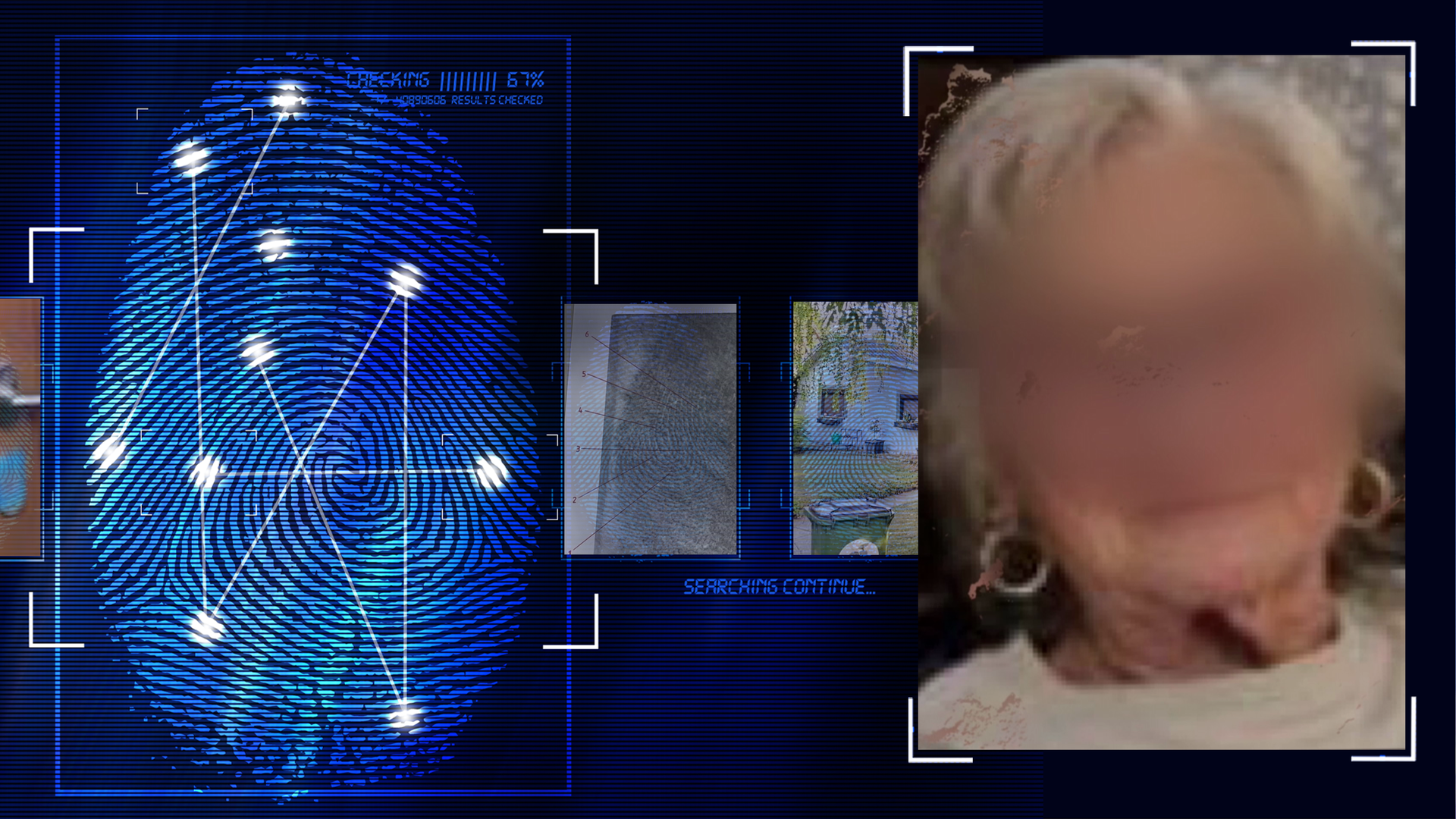 Foto einer Rentnerin. Frau mit grauen Haaren. Das Gesicht wurde im Bild technisch verfremdet. Links daneben: Lichtschematische Darstellung eines Fingerabdrucks