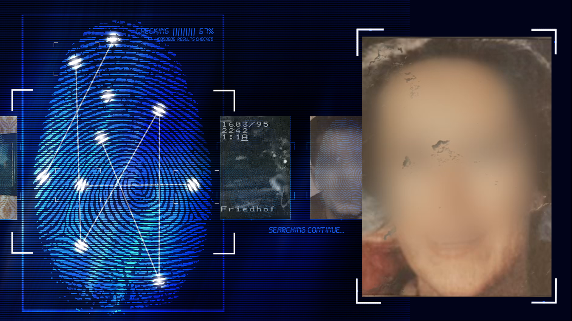 Portraitfoto einer Frau. Das Gesicht wurde technisch verfremdet im Bild. Links daneben: Lichtschematische Darstellung eines Fingerabdrucks.