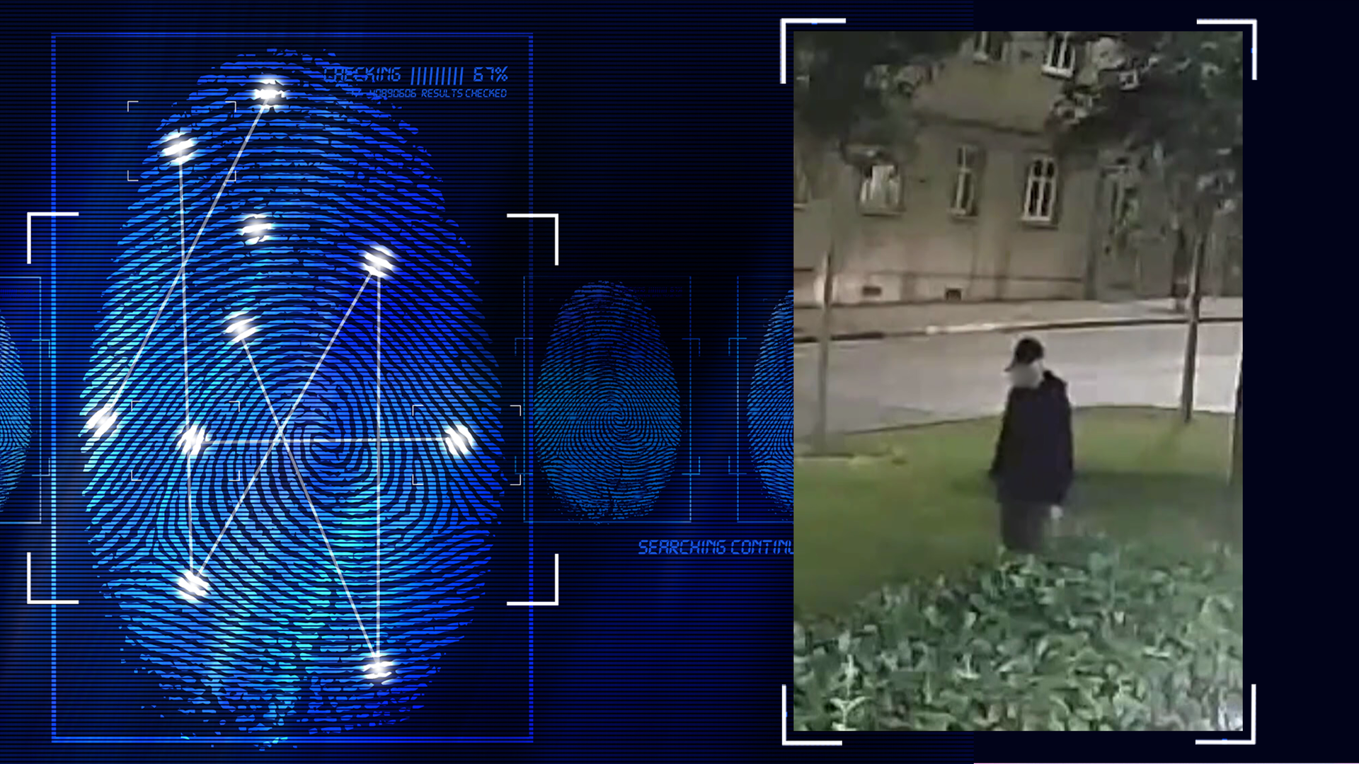 Bild aus Überwachungskamera eines Wiener Parks bei Nacht zeigt eine schemenhaft erkennbare Person mit schwarzer Baseballmütze. Links daneben: Lichtschematische Darstellung eines Fingerabdrucks.