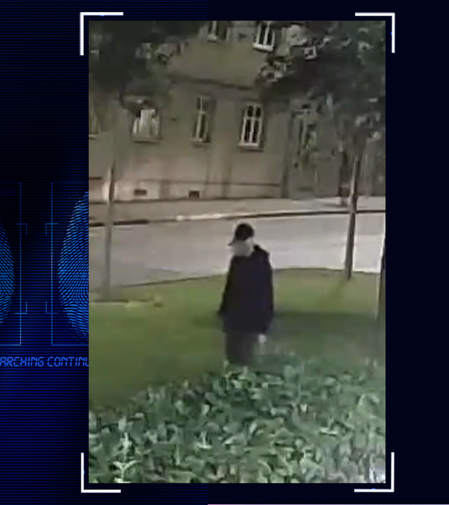 Bild aus Überwachungskamera eines Wiener Parks bei Nacht zeigt eine schemenhaft erkennbare Person mit schwarzer Baseballmütze. Links daneben: Lichtschematische Darstellung eines Fingerabdrucks.