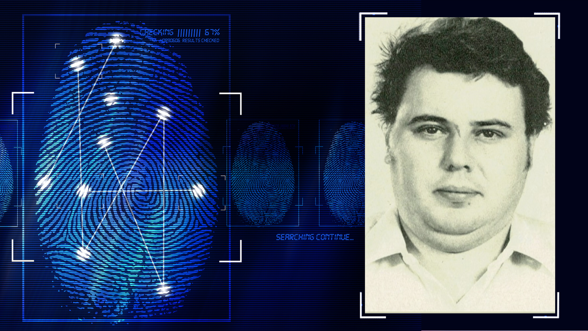 Schwarzweißportraitfoto eines ca. 35 Jahre alten Mannes. Dunkle kurze Haare, lächelt leicht in die Kamera. Links daneben: Lichtschematische Darstellung eines Fingerabdrucks.