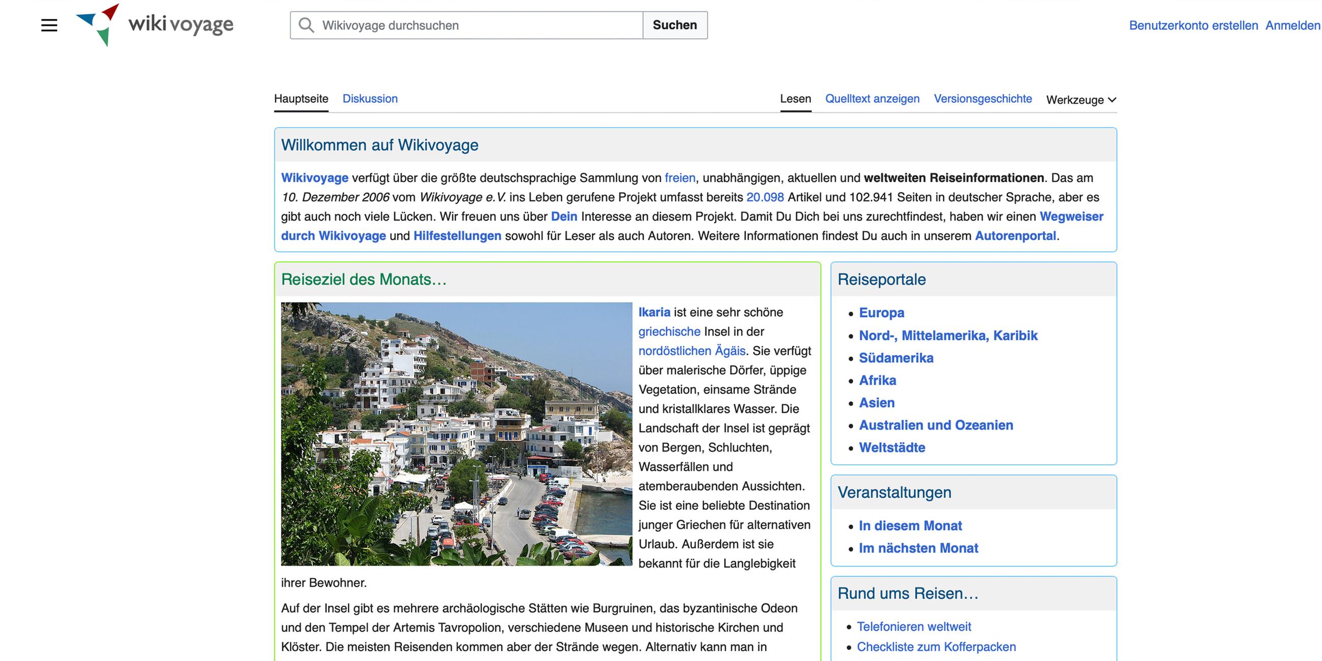 Screenshot der deutschen Wikivoyage-Startseite