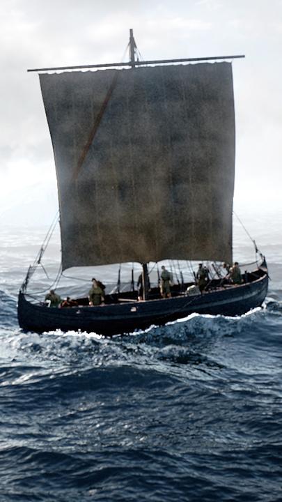 Computergrafik: Wikingerschiff auf bewegter See.