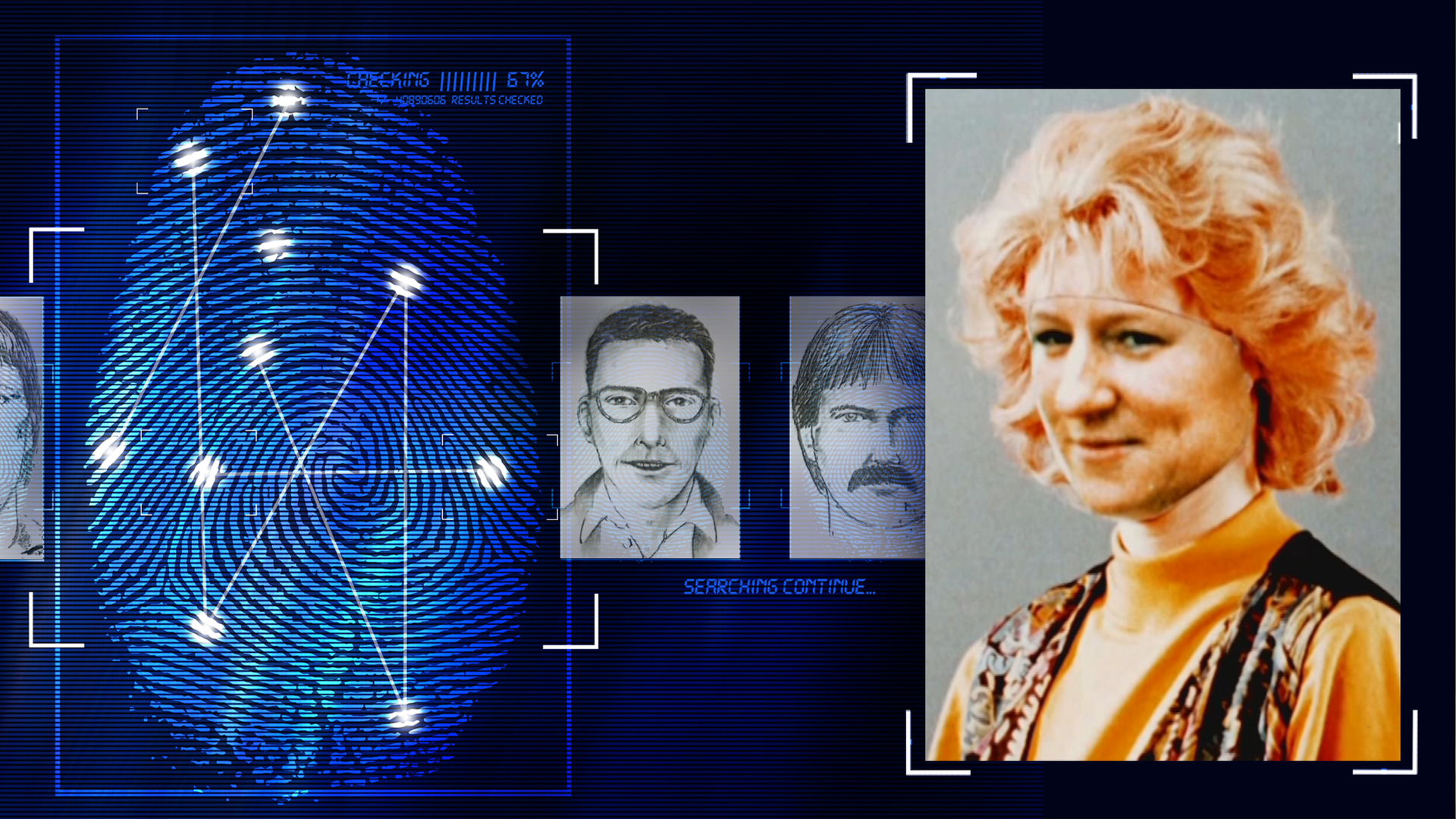 Portraitfoto einer 38 Jahre alten Frau. Sie hat rote Haare und trägt ein Stirnband, eine gemusterte Weste und ein orangenes T-Shirt. Sie schaut seitlich an der Kamera vorbei und lächelt leicht. Links daneben: Lichtschematische Darstellung eines Fingerabdrucks.  