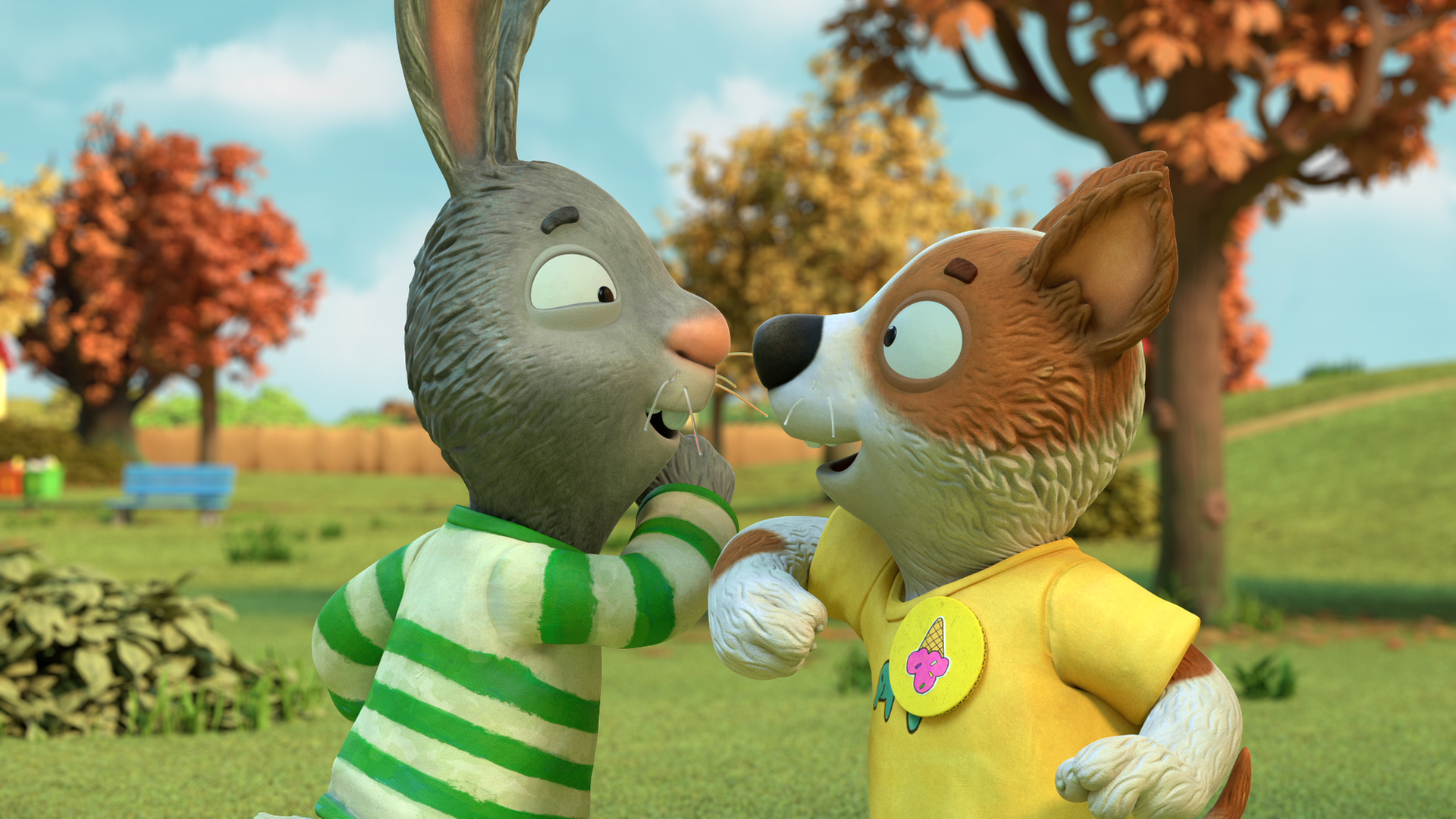 Pip und Zac machen einen besonderen Handschlag. Dabei berühren sich ihre Unterarme und die beiden sehen einander an.