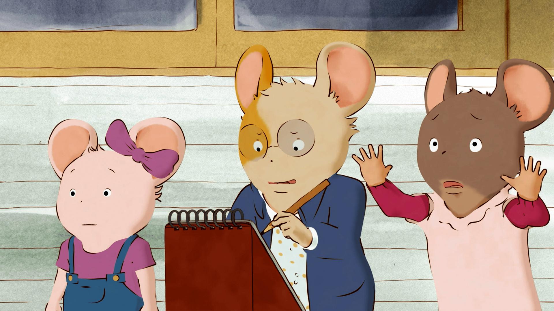 Celestine steht rechts neben Melusine und hält dabei ihre beiden Hände etwas abwehrend nach vorne gestreckt. In der Mitte steht ihre Freundin Melusine hinter einem Pult und macht Notizen. Links hört Margotine gespannt zu, was Ernest erzählt.