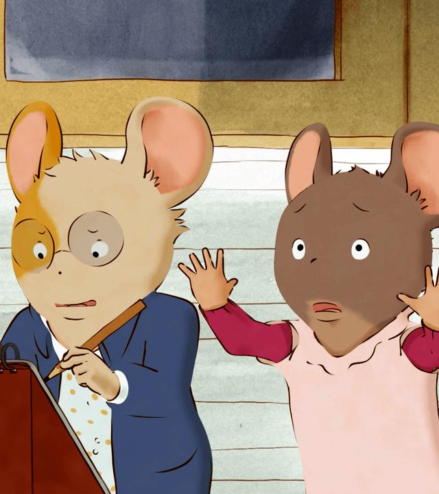 Celestine steht rechts neben Melusine und hält dabei ihre beiden Hände etwas abwehrend nach vorne gestreckt. In der Mitte steht ihre Freundin Melusine hinter einem Pult und macht Notizen. Links hört Margotine gespannt zu, was Ernest erzählt.