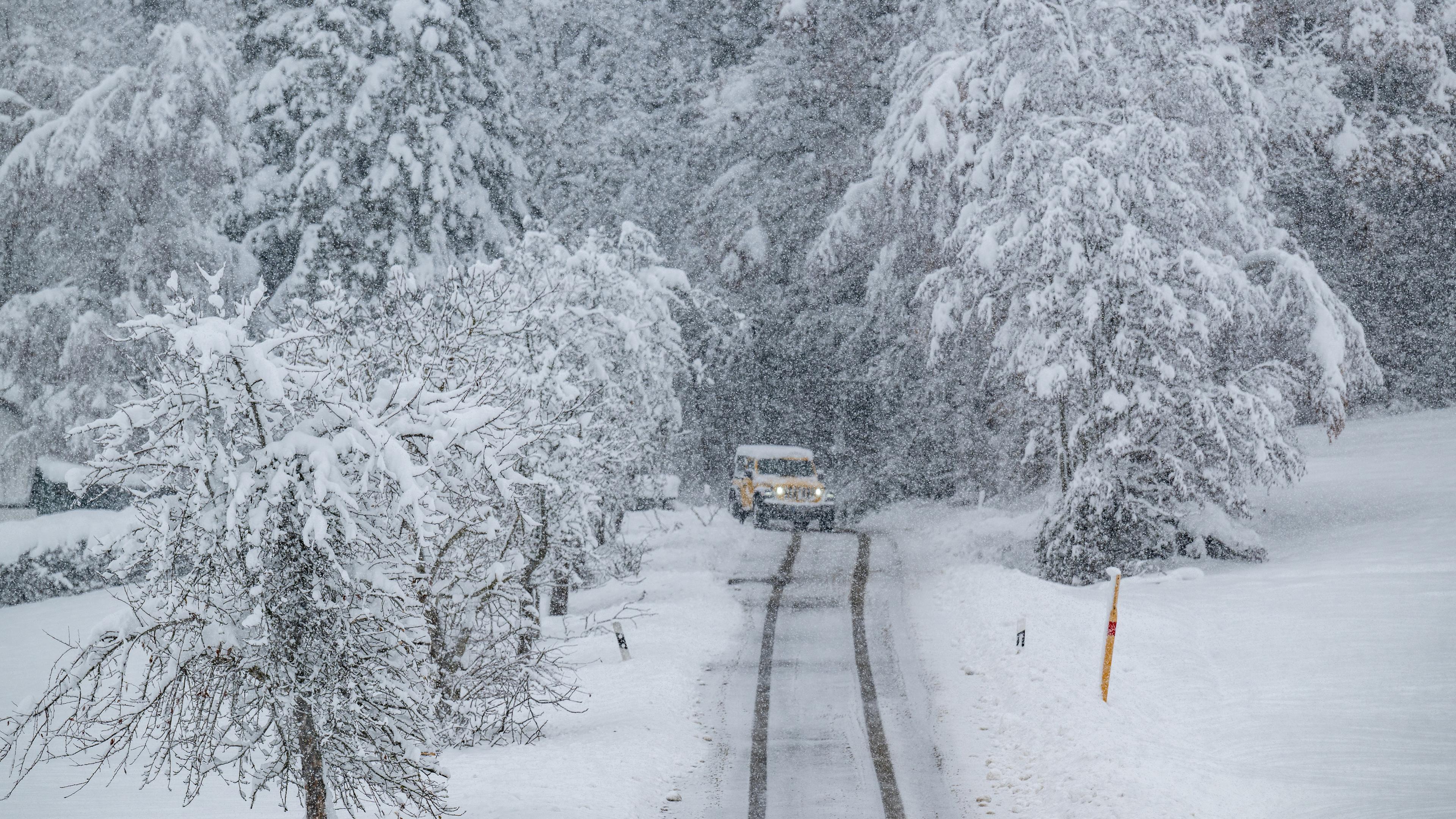 Ein Auto fährt zwischen schneebedeckten Bäumen auf einer Straße.