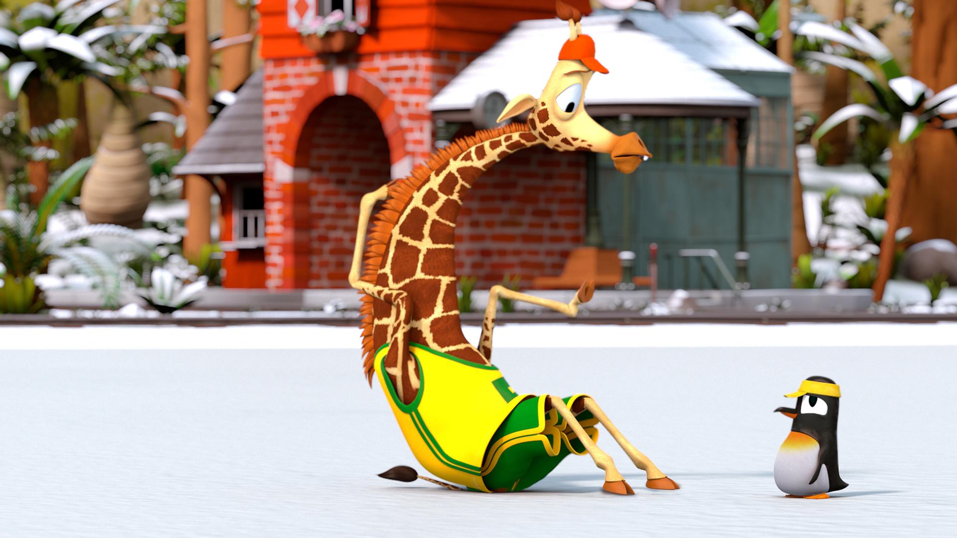 Bruno sitzt auf dem zugefrorenen See und schaut entmutigt das Pinguinmädchen Anni an.