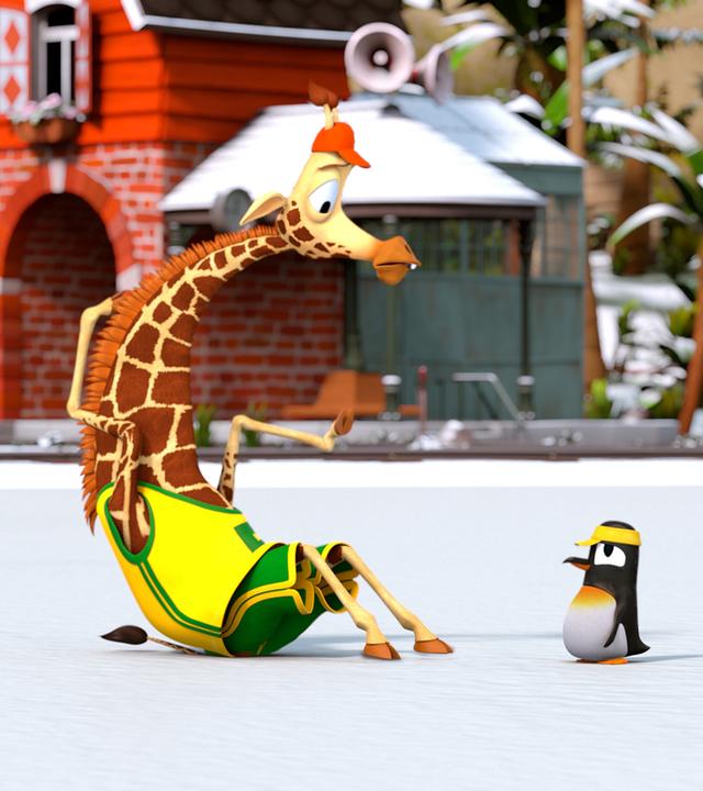 Bruno sitzt auf dem zugefrorenen See und schaut entmutigt das Pinguinmädchen Anni an.