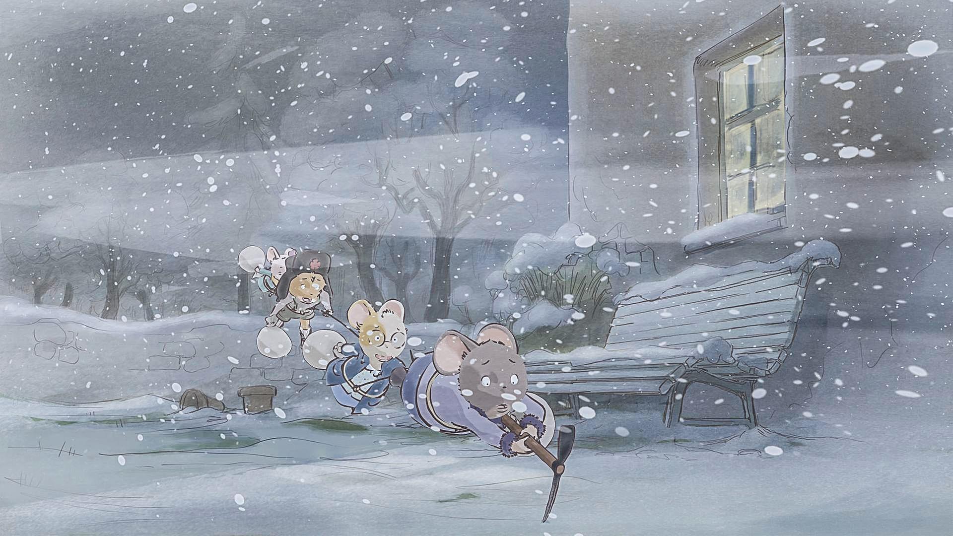 Celestine, dahinter Melusine, Mandarine und Margotine drohen beim Schneesturm, samt ihrer Mehlsäcke, wegzuwehen. Ein Glück haben sie den Eispickel der grünen Maus dabei, der sie am Boden hält. Doch wie lange kann Celestine sich und ihre Freunde noch festhalten?