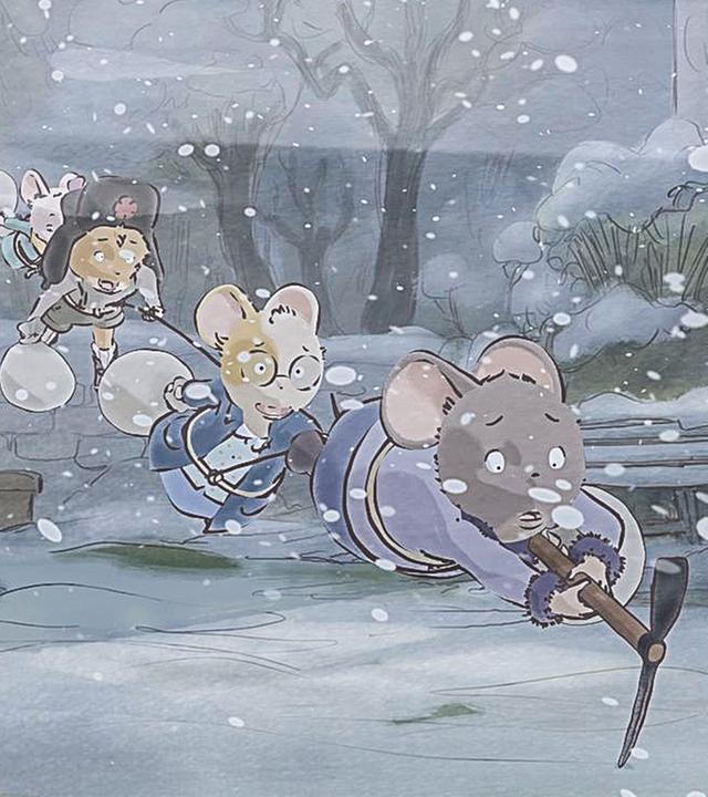 Celestine, dahinter Melusine, Mandarine und Margotine drohen beim Schneesturm, samt ihrer Mehlsäcke, wegzuwehen. Ein Glück haben sie den Eispickel der grünen Maus dabei, der sie am Boden hält. Doch wie lange kann Celestine sich und ihre Freunde noch festhalten?