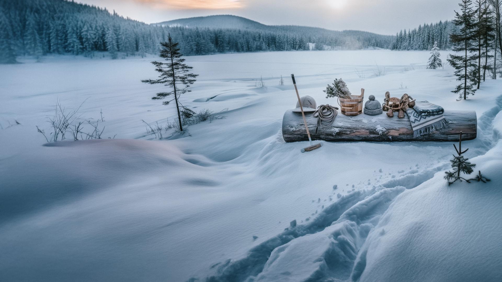 Eine Decke, eine Mütze und mehrere landwirtschaftliche Utensilien liegen eingeschneit auf einem Baumstamm in einer weißen Winterlandschaft voller Schnee.