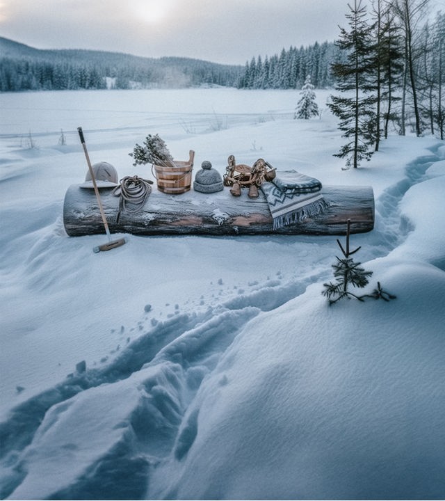 Eine Decke, eine Mütze und mehrere landwirtschaftliche Utensilien liegen eingeschneit auf einem Baumstamm in einer weißen Winterlandschaft voller Schnee.