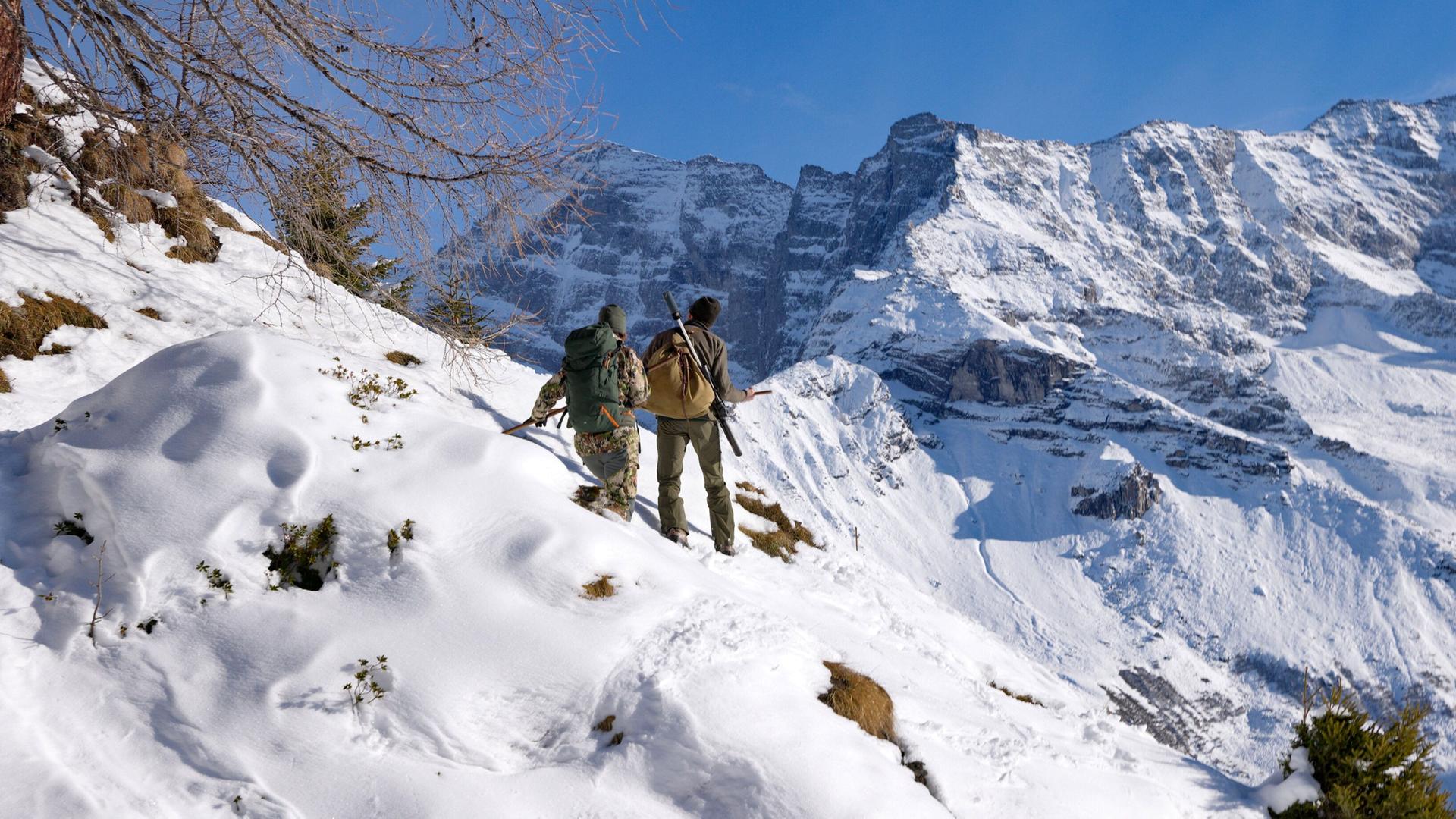 Das Bild zeigt zwei Personen, die sich in einer winterlichen Berglandschaft befinden, wahrscheinlich im Wipptal in Tirol. Die Szene ist von Schnee und steilen Berggipfeln geprägt, die im Hintergrund sichtbar sind.   Die erste Person trägt eine camouflagefarbene Jacke und hat einen großen Rucksack auf dem Rücken. Die zweite Person hat eine graue Jacke an und trägt in der Hand eine Waffe oder ein Jagdgerät. Beide stehen auf einem schneebedeckten Hang und scheinen die Landschaft zu erkunden. Der Himmel ist klar und blau, und die Sonne beleuchtet die Szenerie, wodurch Schatten auf dem Schnee entstehen.   Im Vordergrund sind einige schneebedeckte Hügel und vereinzelte grüne Pflanzen sichtbar, die aus dem Schnee ragen. Im Hintergrund befinden sich mächtige Felsen und Gipfel der Stubaier Alpen, die für diese Region charakteristisch sind.   Insgesamt vermittelt das Bild eine Atmosphäre von Abenteuer und Erkundung in der Natur.