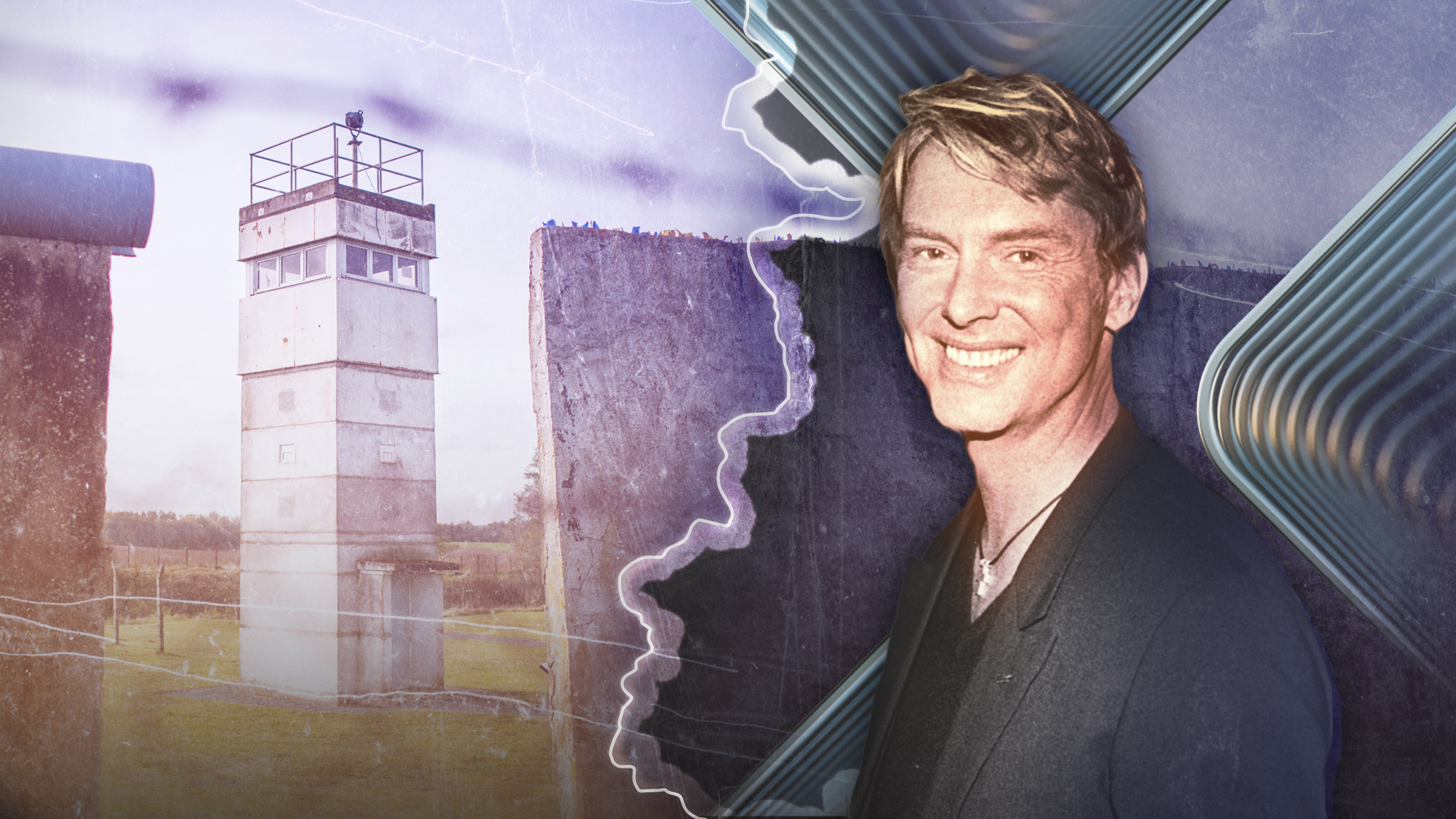 Links ein Wachturm der DDR-Grenze, in der Mitte verläuft eine Linie, die die DDR-Grenze darstellt und rechts ein Bild von Wolfgang Joop