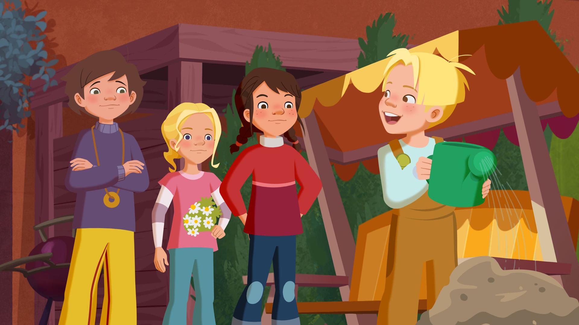 Die Kinder beerdigen einen Vogel. Tieneke hält einen Blumenstrauß in der Hand, Maus begießt das Grab mit Wasser.