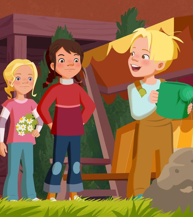 Die Kinder beerdigen einen Vogel. Tieneke hält einen Blumenstrauß in der Hand, Maus begießt das Grab mit Wasser.