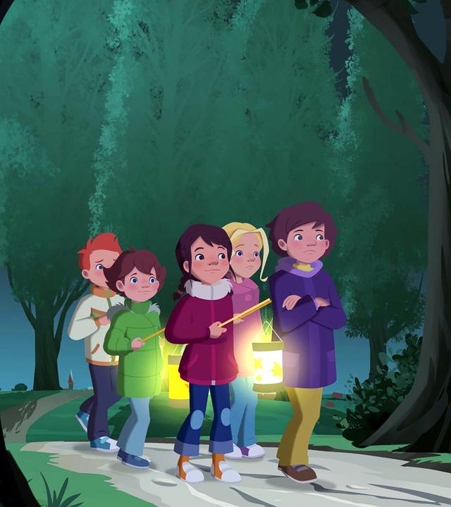 Die Jungs nehmen es sich vor, die Mädchen auf der Wanderung zu erschrecken. Sie stehen versteckt hinter Bäumen. Die Mädchen laufen Laterne.