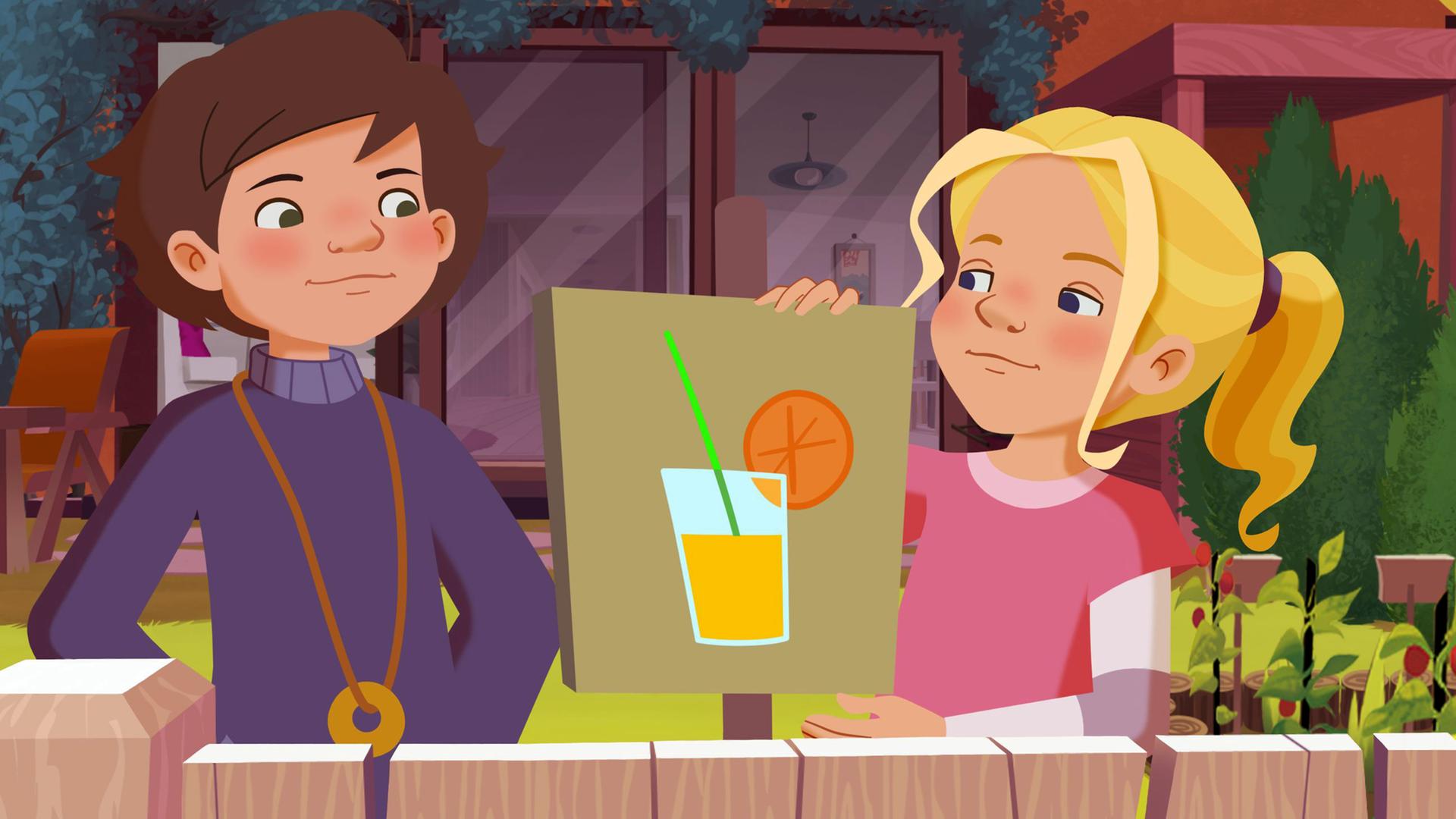Jul und Tieneke kümmern sich um ihren Imbiss. Tieneke hält ein Schild mit einem aufgedruckten Orangenglas in der Hand.