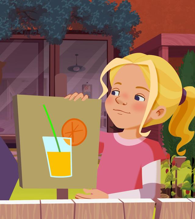 Jul und Tieneke kümmern sich um ihren Imbiss. Tieneke hält ein Schild mit einem aufgedruckten Orangenglas in der Hand.